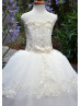 Sheer Neck Ivory Lace Tulle Flower Girl Dress Baby Baptism Dress